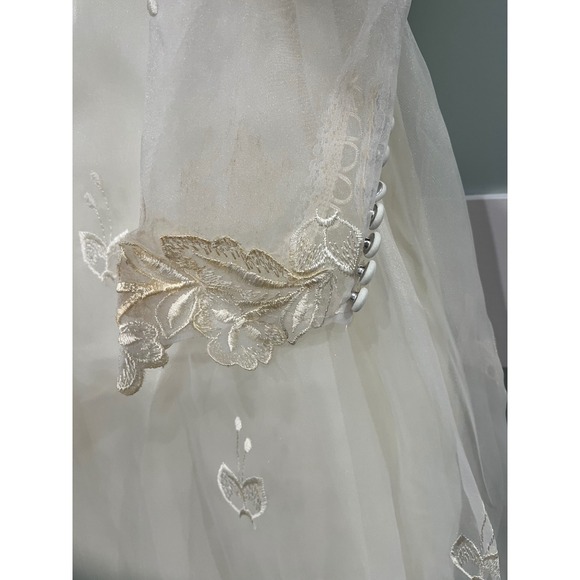 Vintage 80s Victorian Revival Wedding Dress Ivory High Neck Sheer Lace Illusion - Picture 6 of 16